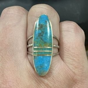 Navajo Indian Sterling Silver & Turquoise Inlay Ring Signed H. Smith - Size 6.5